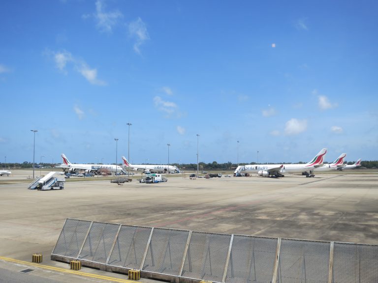 SriLankan Airlines jets parked on the apron at Bandaranaike International Airport, Katunayake, under a blue sky