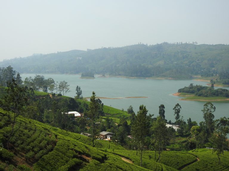 Castlereagh Reservoir's pale green water surrounded by forested hills and tea estates near Hatton