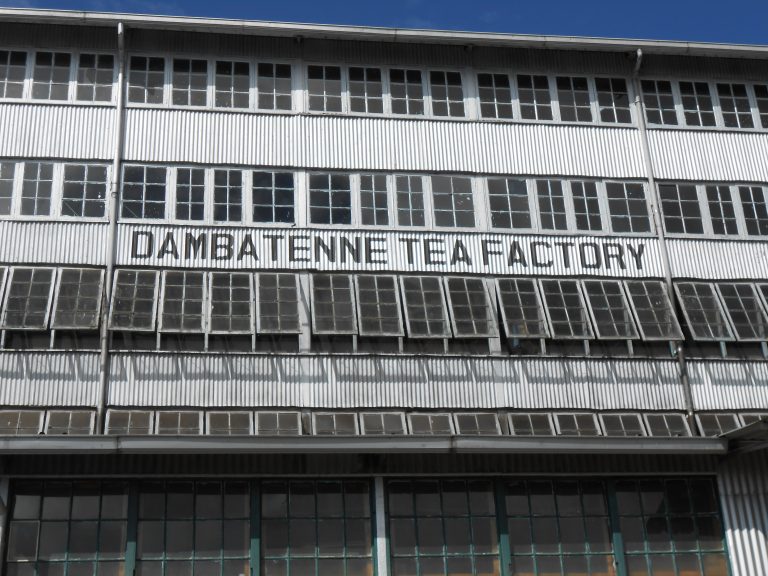The corrugated metal front of Dambatenne Tea Factory, with rows of small-paned windows and the factory's name painted across the middle