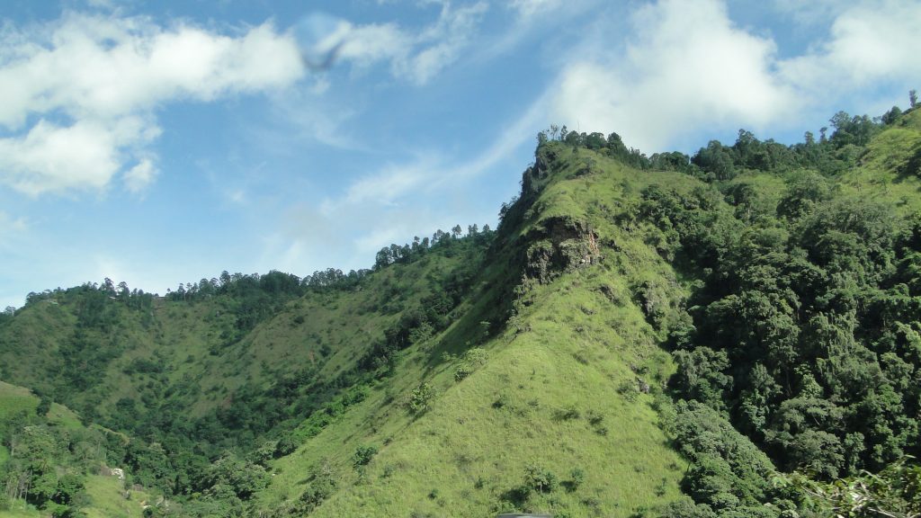 Steep green ridges covered in grass and forest on either side of the Ella Gap under a blue sky