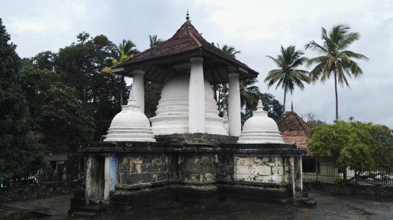 The Vijayothpaya at Gadaladeniya: a white stupa under a tiled pavilion roof on a square stone platform, with smaller stupas at its corners and a lily pool on the bare rock in front