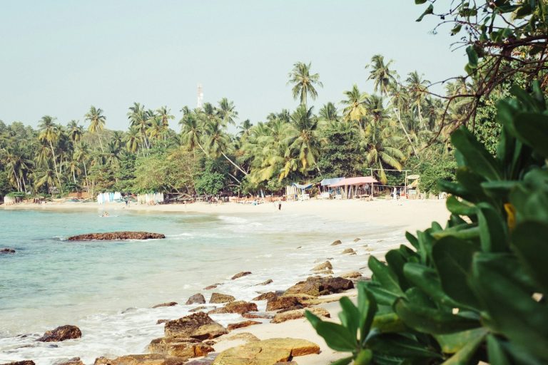 The curve of Hiriketiya beach with racks of surfboards and beach cafés under the palms, and clear water over rocks in the foreground
