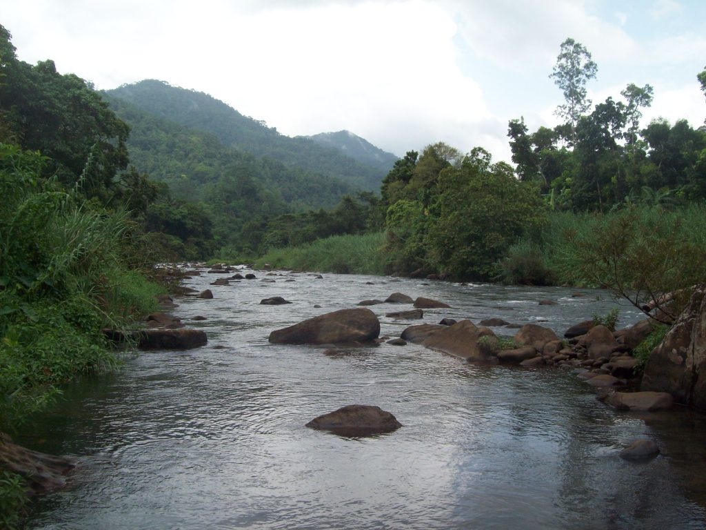 A shallow, boulder-strewn stretch of the Kelani River flowing between forested hills