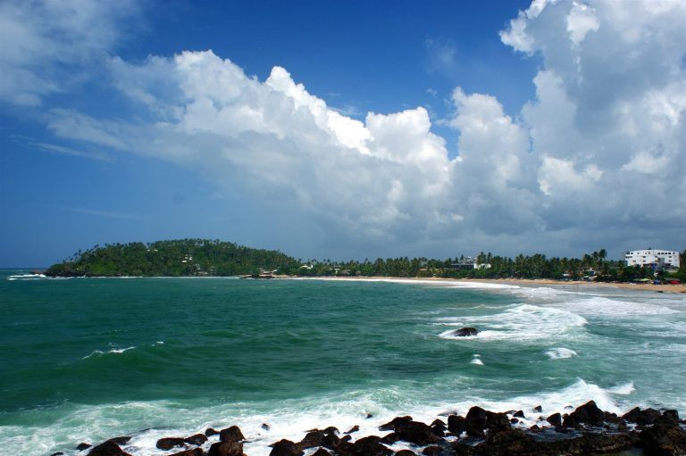 Waves breaking across Mirissa bay with a green headland on the left and the beach and palm trees stretching away on the right