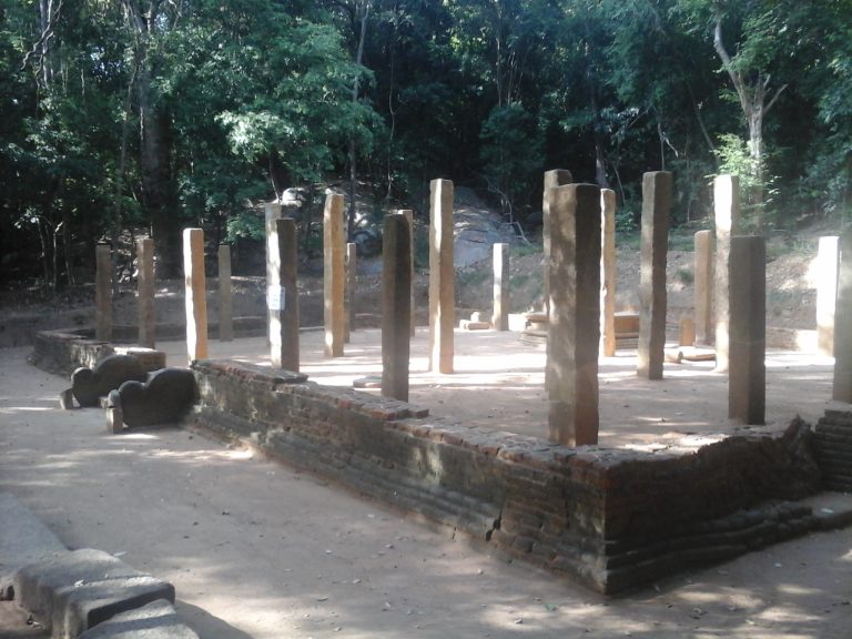 Rows of stone pillars on a low brick platform among the ruins at Rajagala, with two carved guardstones at the front and forest behind
