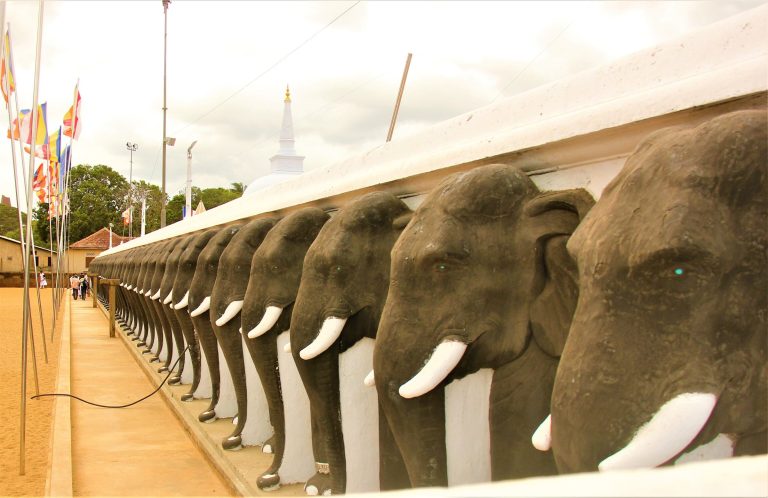A long row of carved elephant heads with white tusks along the boundary wall of Ruwanwelisaya, with flags on the left