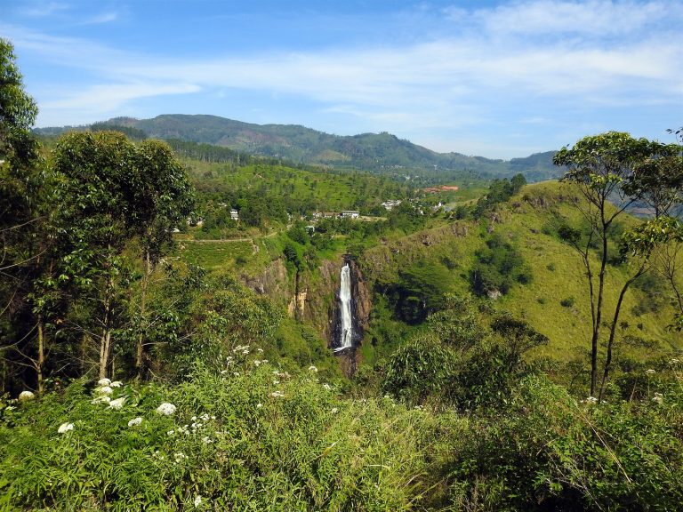 Devon Falls as a narrow white ribbon in a gorge, with tea country and a village on the ridge beyond