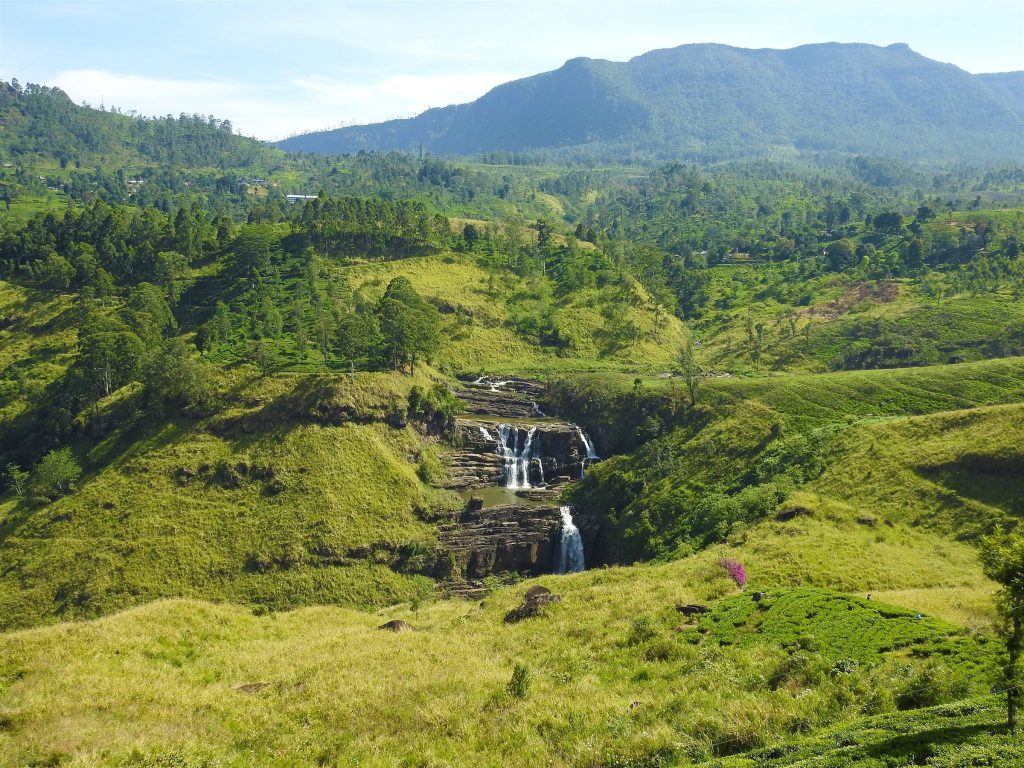St Clair's Falls from the lookout, with two cascades over rock ledges among grassy slopes and a forested ridge behind