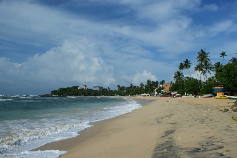 Unawatuna beach curving towards a wooded headland, with waves on the sand and palm trees along the shore